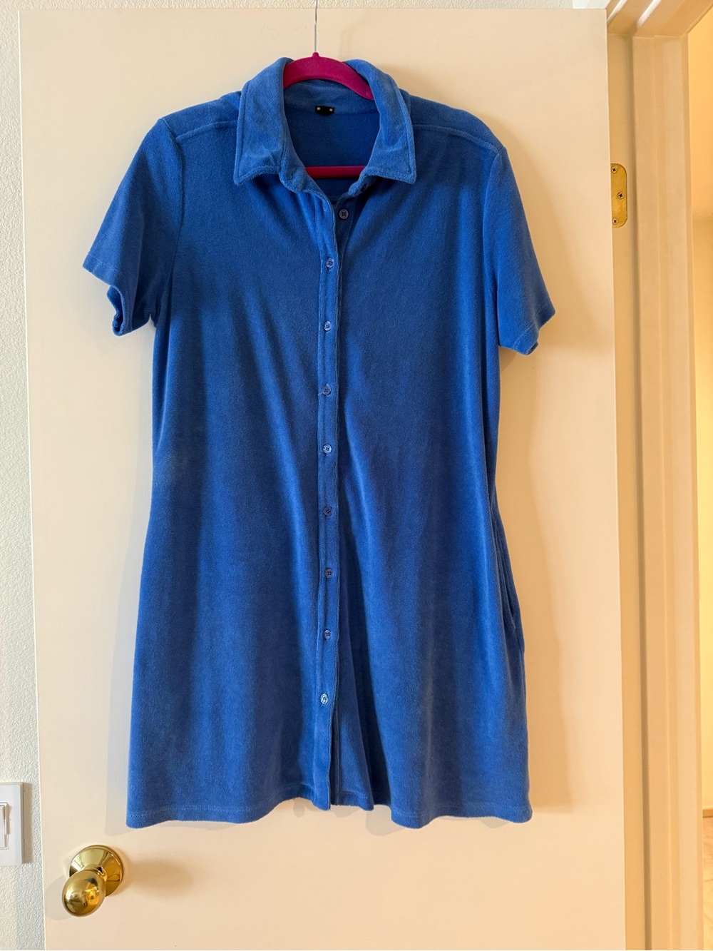 Monrow Blue Short-Sleeve Button-Down Terry Shirt Dress
